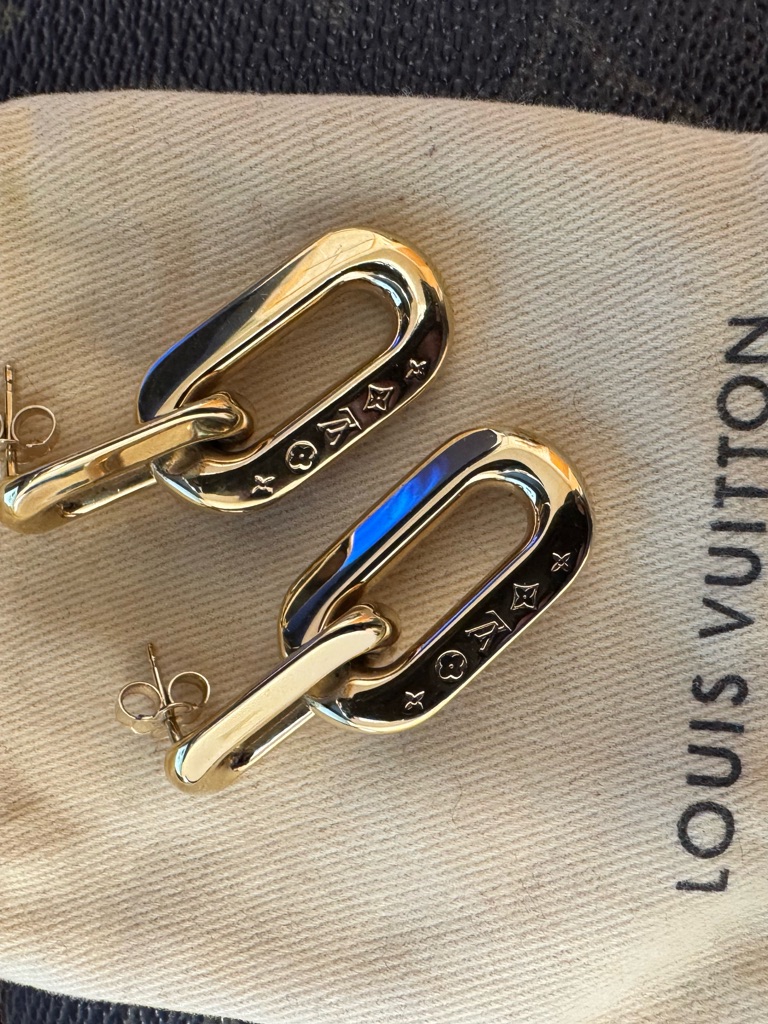 Louis Vuitton Polished Gold Link Drop Earrings With Monogram